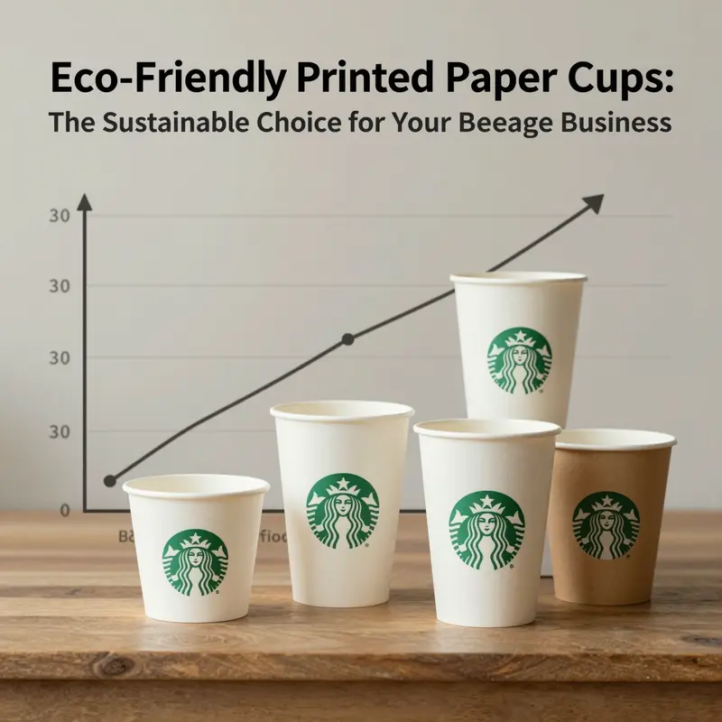 Eco-friendly printed paper cups surrounded by greenery, illustrating their role in sustainability.