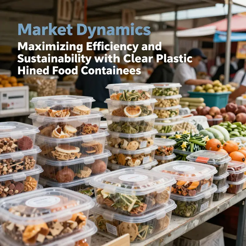 Various clear plastic hinged food containers in a market setting, reflecting their appeal and diversity.