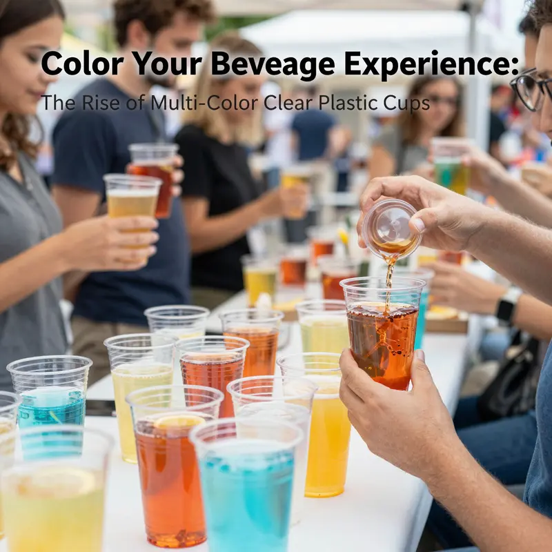 A variety of multi-color 5 oz clear plastic cups showcasing versatility in beverages and settings.