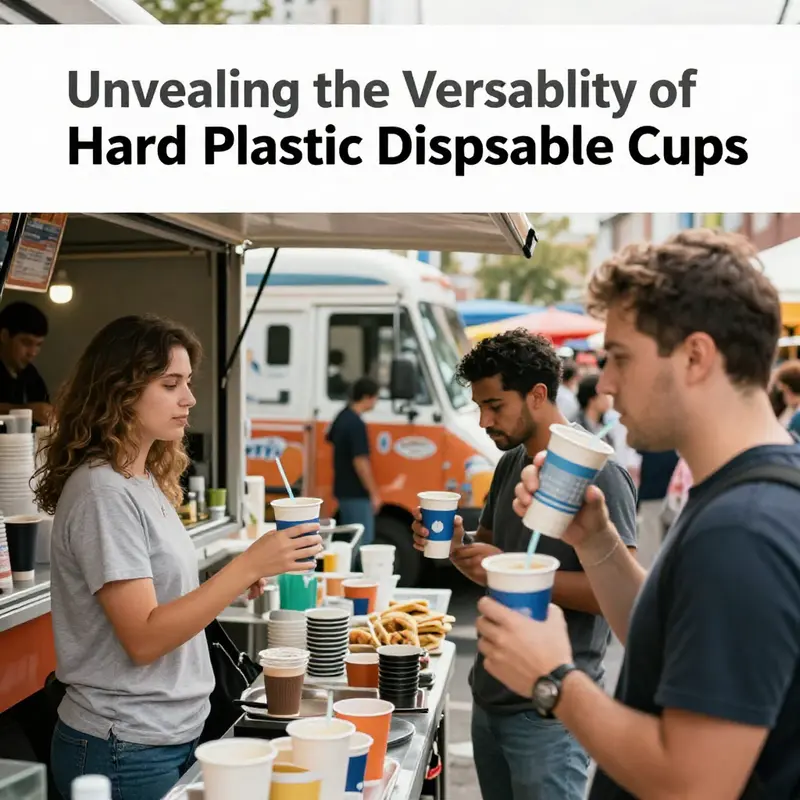 An assortment of hard plastic disposable cups showcasing their diverse sizes and durability in a contemporary café environment.