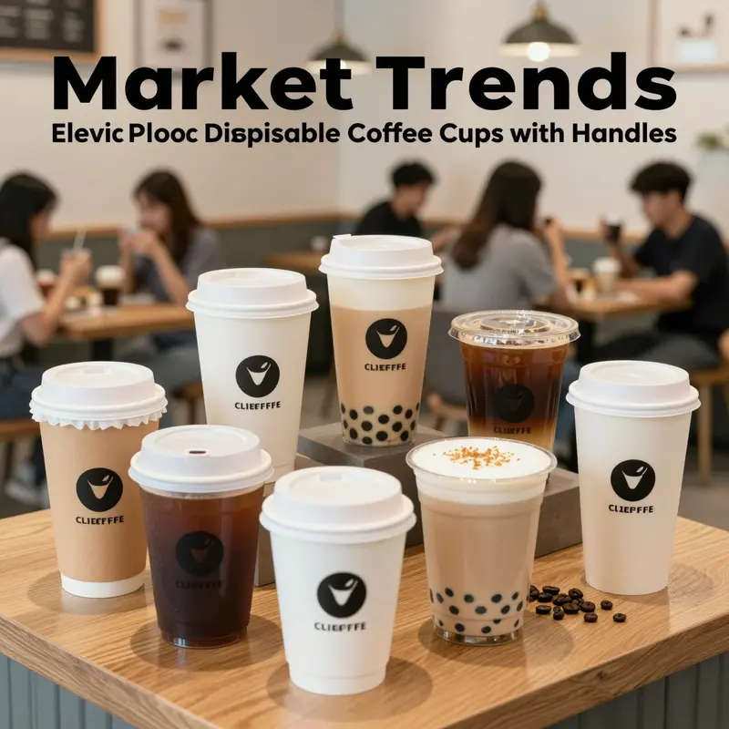 Diverse range of plastic disposable coffee cups with handles catering to modern beverage trends.