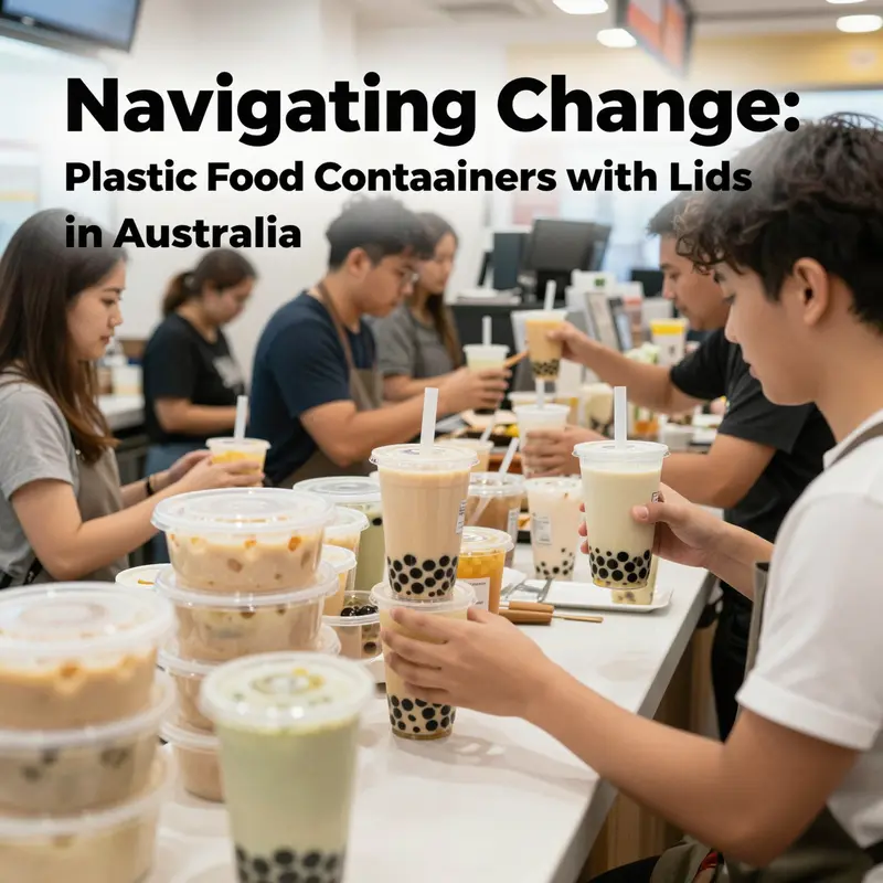 Display of food containers in an Australian market setting, emphasizing recent plastic regulations.