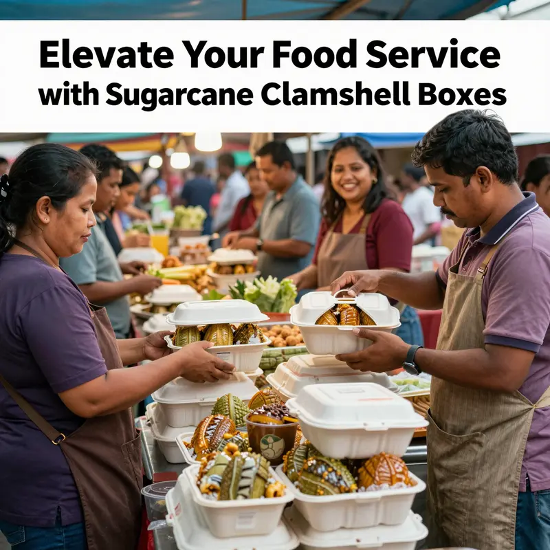 Sugarcane clamshell boxes displayed with fresh food items emphasizing their eco-friendly nature.