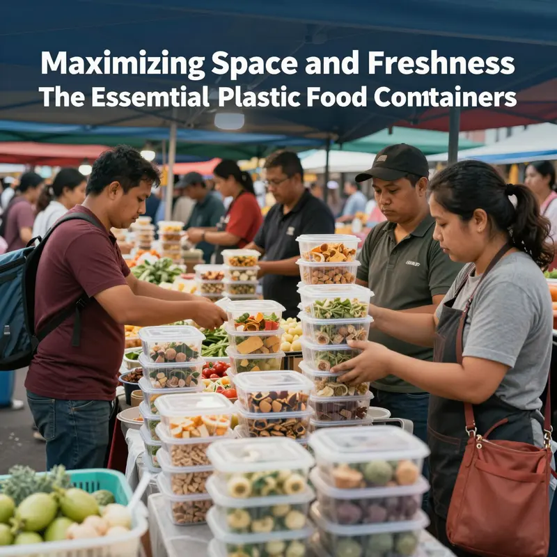 Illustration of the stackable design and clarity of tall square plastic food containers.