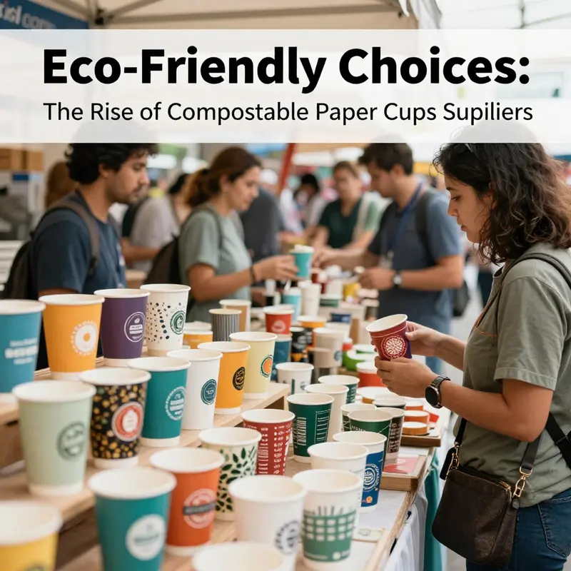 A bustling market exhibition showcasing diverse compostable paper cup designs and suppliers engaging with potential buyers.
