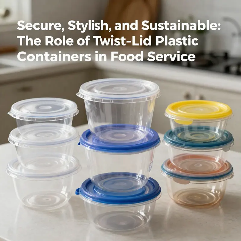 Different types of plastic food containers with twist lids, showcasing materials used in food service.