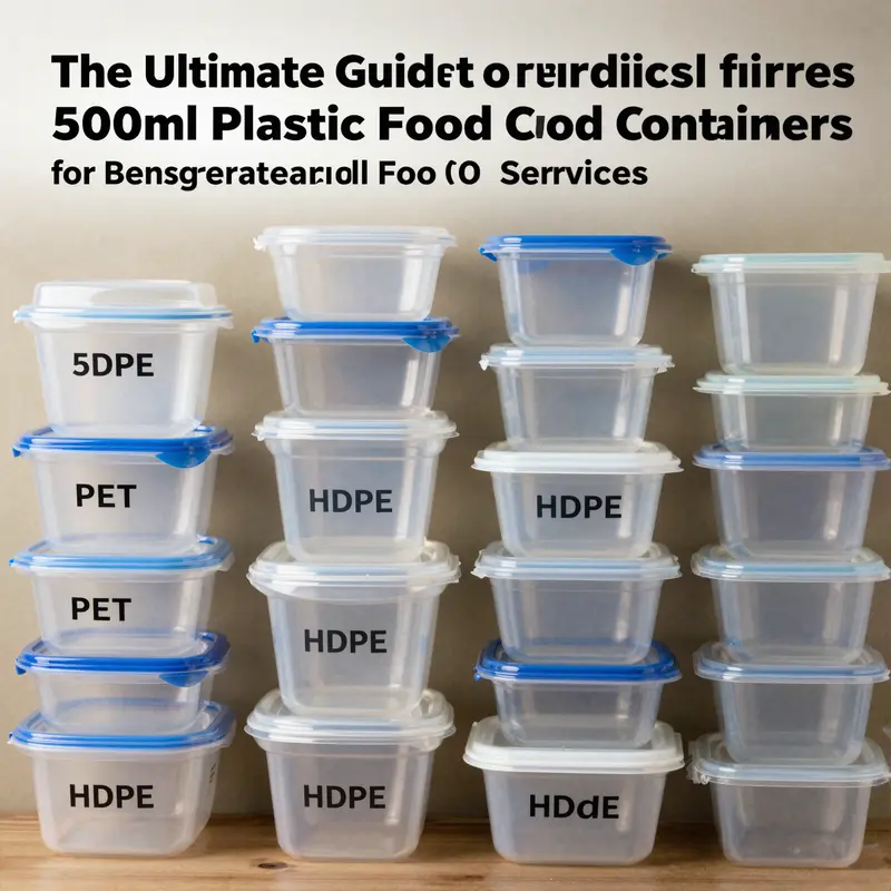 Different materials like polypropylene and PET used in 500ml plastic food containers.