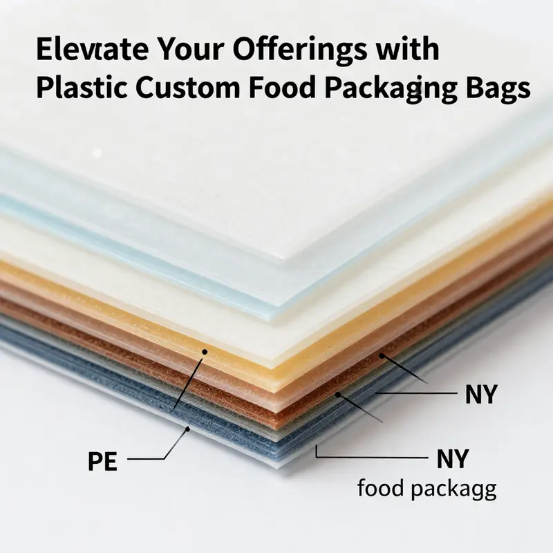 An assortment of customized plastic food packaging bags reflecting diverse design options.