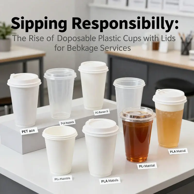 An informative display of the materials used in disposable plastic cups, highlighting PET and PLA options.