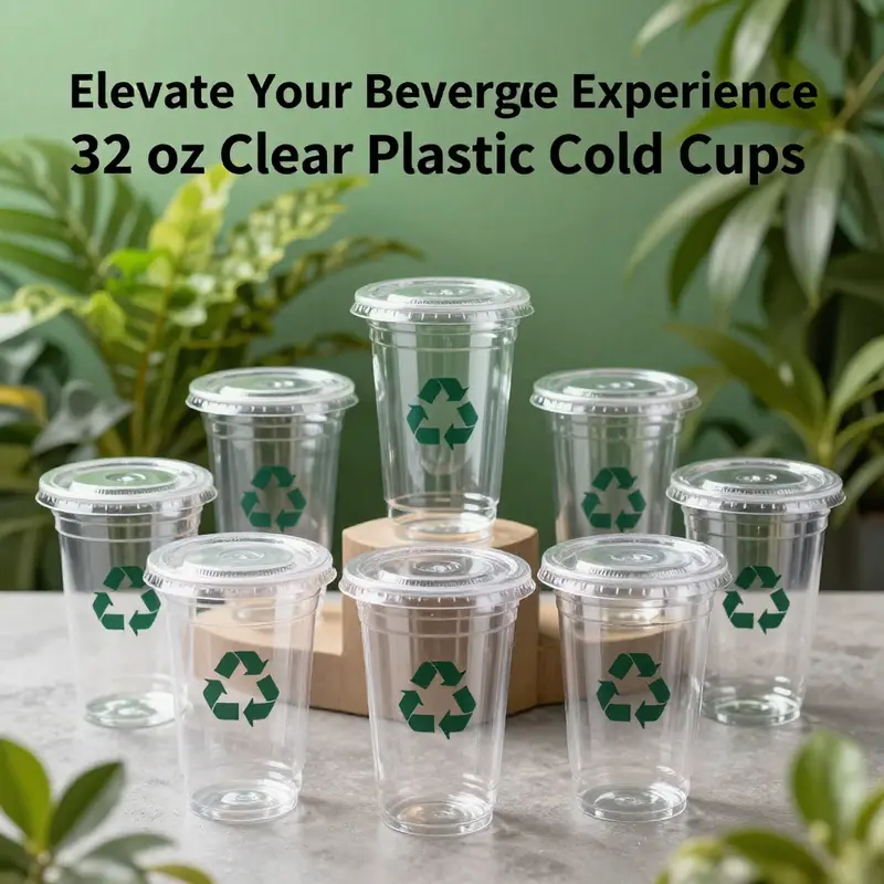 Eco-friendly 32 oz clear plastic cups made from recyclable PET.