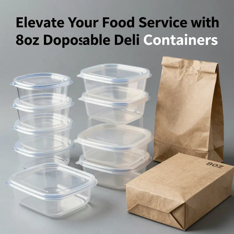 Assorted 8oz disposable deli containers filled with various food items, highlighting their key features and benefits.