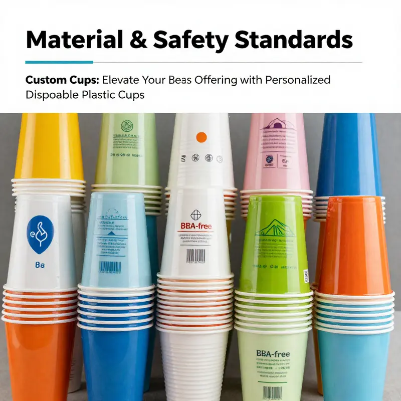 Different types of personalized disposable plastic cups highlighting safety features and material standards.