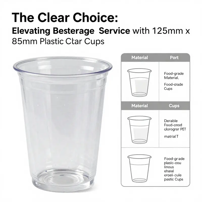 An array of 125mm x 85mm clear plastic cups showcasing diverse beverage options in multiple settings.