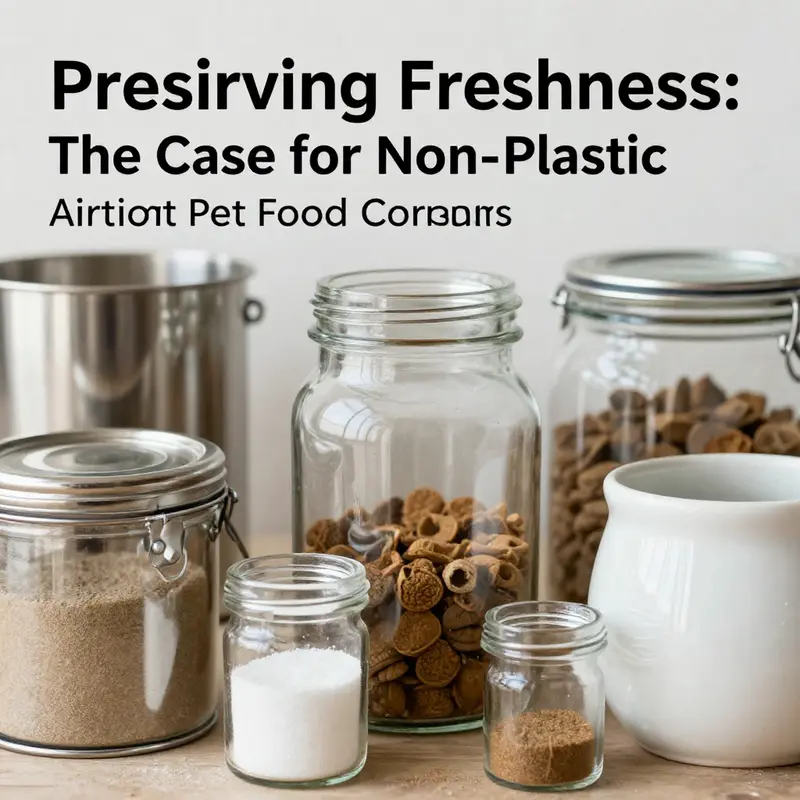 An organized display of assorted non-plastic airtight pet food containers, emphasizing their aesthetic and practical benefits.