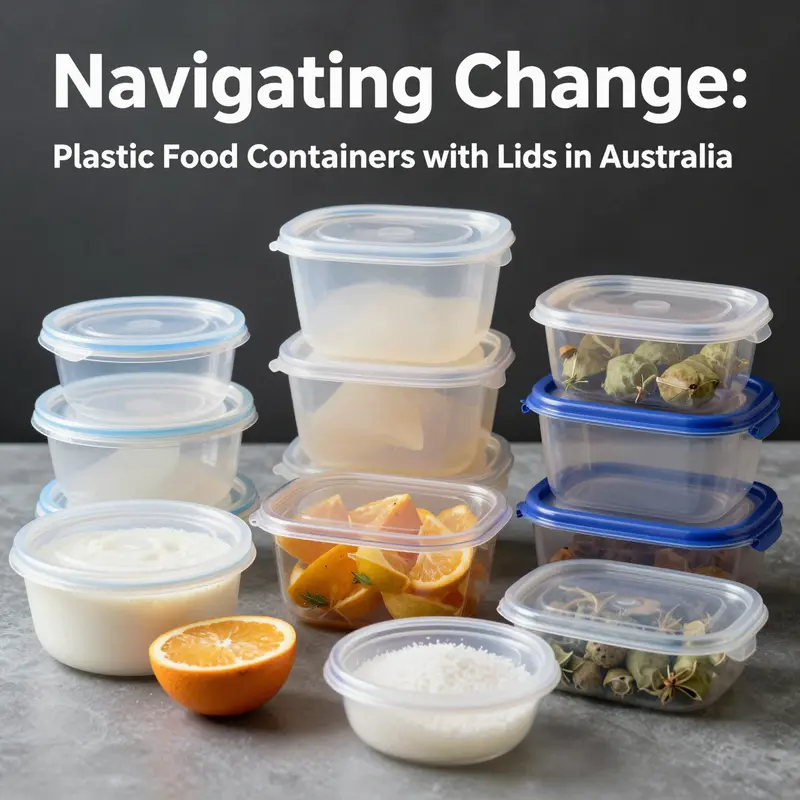 Display of food containers in an Australian market setting, emphasizing recent plastic regulations.