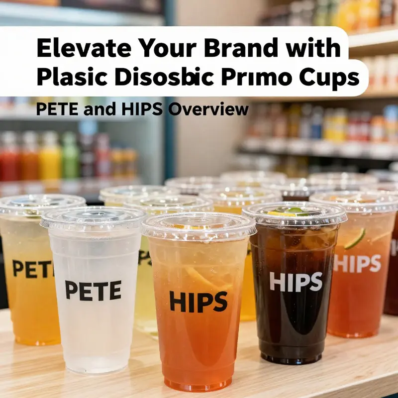A comparison of PETE and HIPS hard plastic disposable cups showcasing their designs and beverage applications.