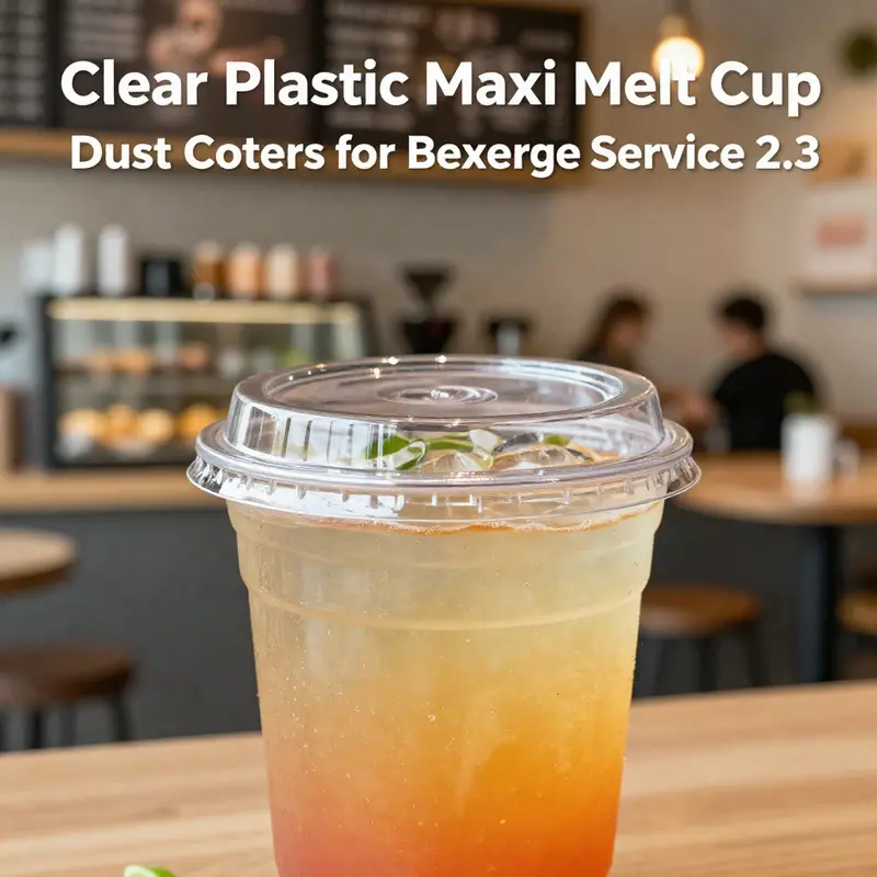 A clear plastic maxi melt cup dust cover elegantly displayed over a delightful beverage.