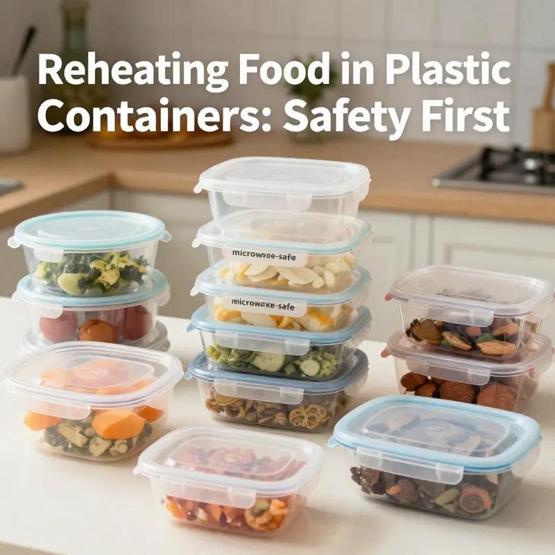 Visual representation of plastic degradation and health risks associated with reheating food.