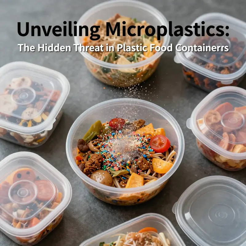 Illustration of microplastics releasing from plastic containers into food.