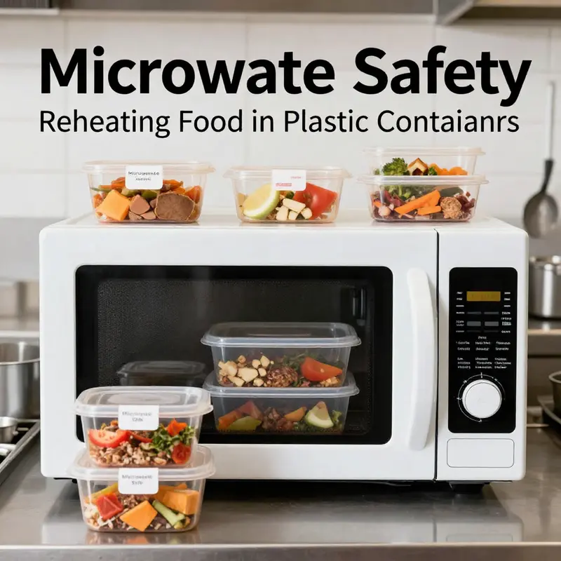 A display of microwave-safe plastic containers in a bustling restaurant kitchen.