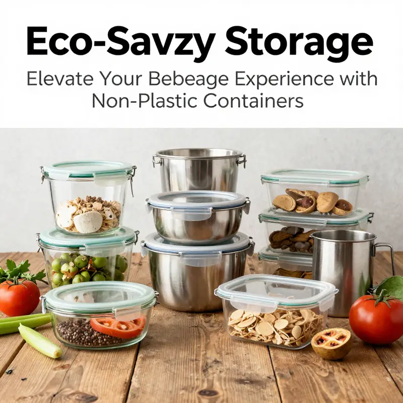 A collection of glass, stainless steel, and plant-based fiber food containers displayed with fresh ingredients on a wooden table.