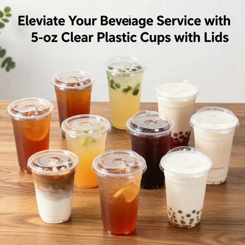An assortment of 5 oz clear plastic cups with lids filled with delightful drinks and desserts.