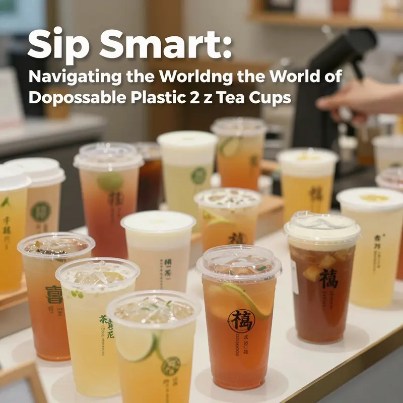 An assortment of disposable plastic 2 oz tea cups featuring diverse designs and vibrant beverages, representing their popularity and versatility.