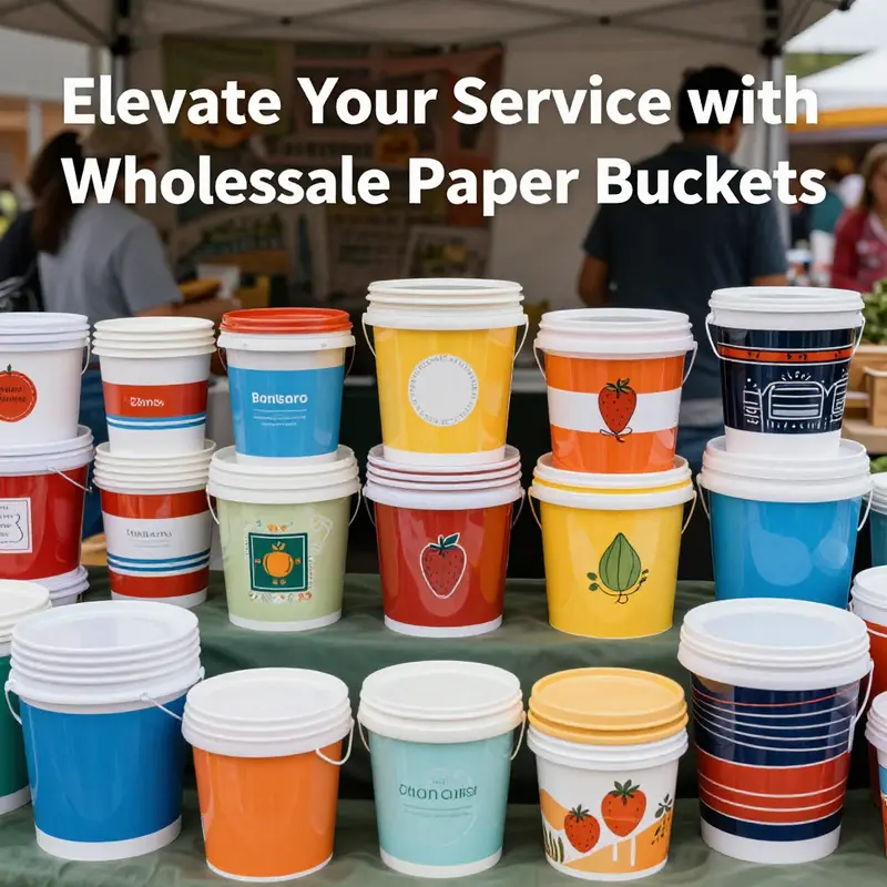 A colorful display of wholesale paper buckets, illustrating diversity for different food service needs.