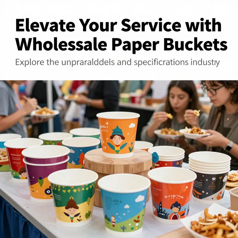 A bustling food festival highlighting the use of colorful wholesale paper buckets for food service.