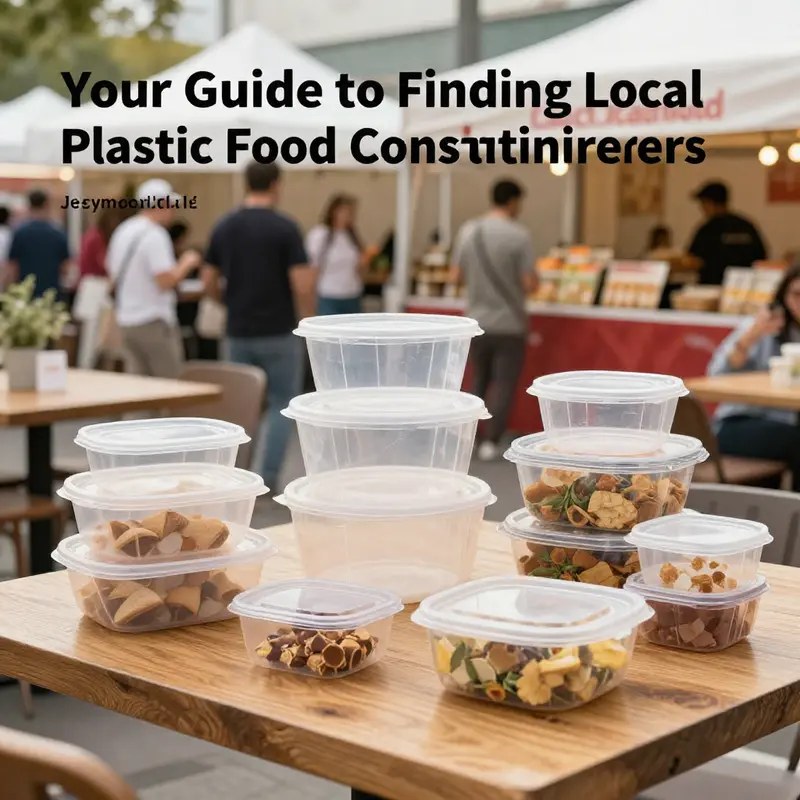 An aesthetically pleasing display of assorted plastic food containers set on a cafe table, surrounded by a lively food festival backdrop.