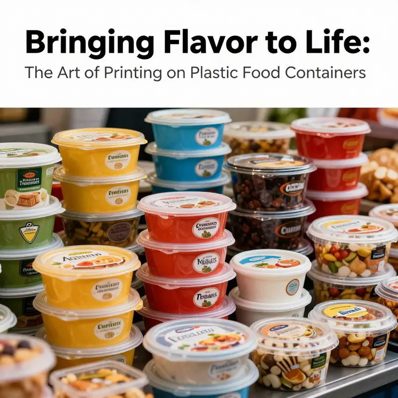 A beautiful display of various printed plastic food containers in a lively food market setting.