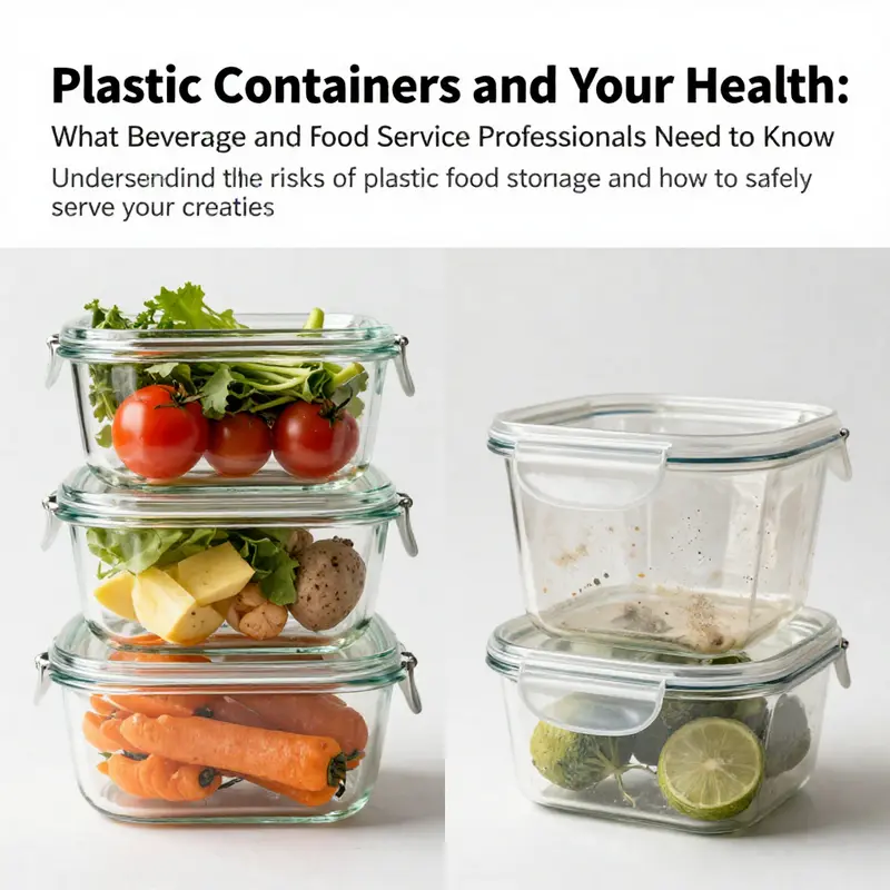 Split image showing fresh foods in glass containers against worn and unsafe plastic containers.