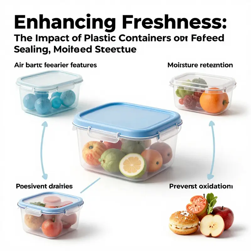 An assortment of food-grade plastic containers demonstrating safety certifications and fresh produce storage.