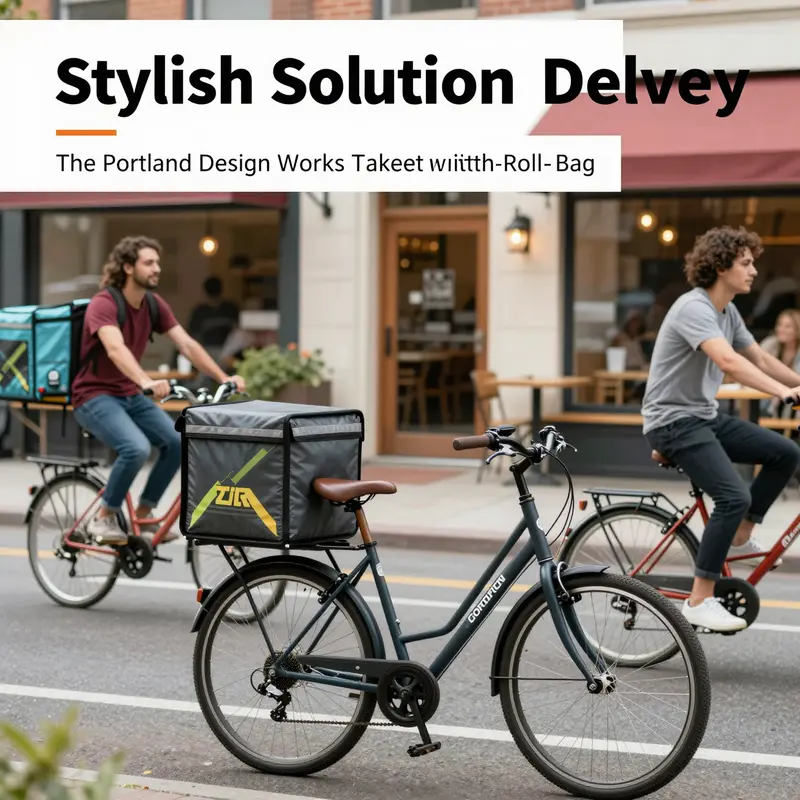 Diverse cyclists using the Portland Design Works Takeout Basket with Roll-Top Bag in an urban environment.