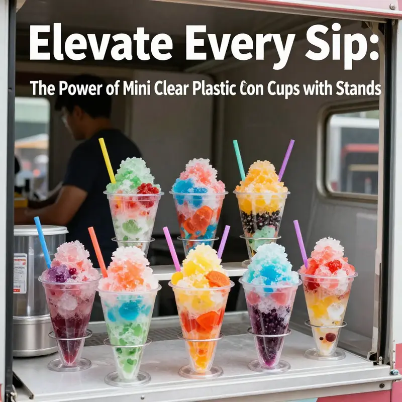 Mini clear plastic cone cups on display, ideal for serving colorful frozen treats at various events.