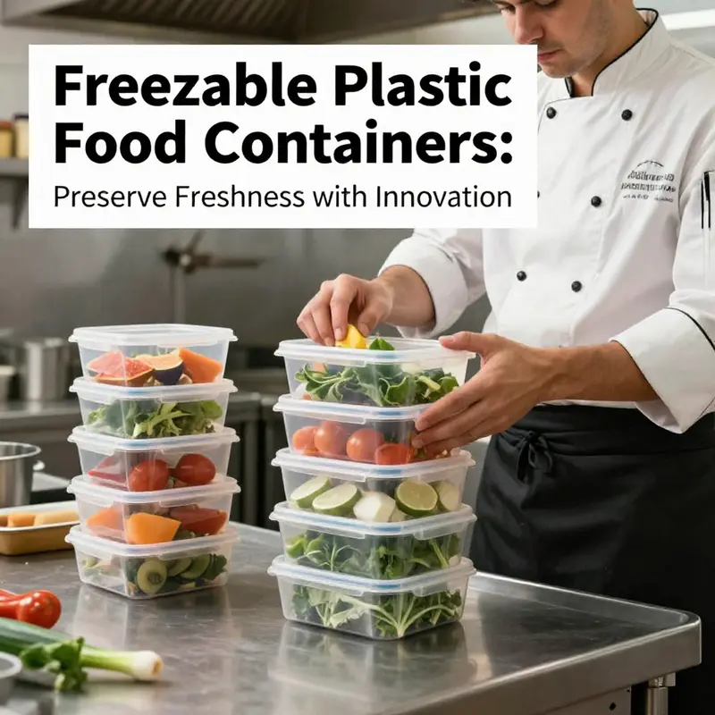 Chefs in a bustling kitchen using freezable plastic food containers filled with fresh fruits and vegetables, demonstrating their practical application.