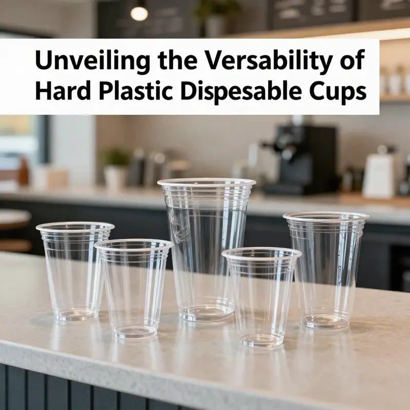 An assortment of hard plastic disposable cups showcasing their diverse sizes and durability in a contemporary café environment.