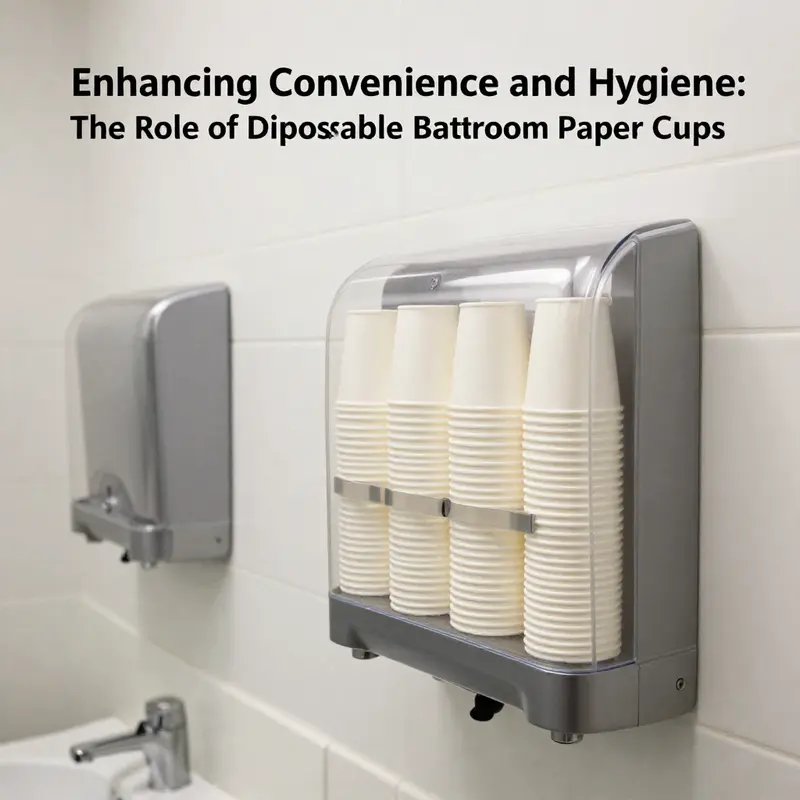 Public bathroom with accessible disposable paper cup dispenser, highlighting hygiene and convenience.