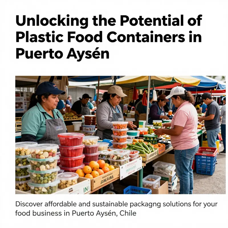 Vibrant marketplace in Puerto Aysén showcasing various food products and plastic containers.
