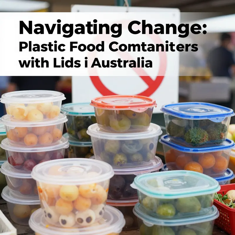 Display of food containers in an Australian market setting, emphasizing recent plastic regulations.
