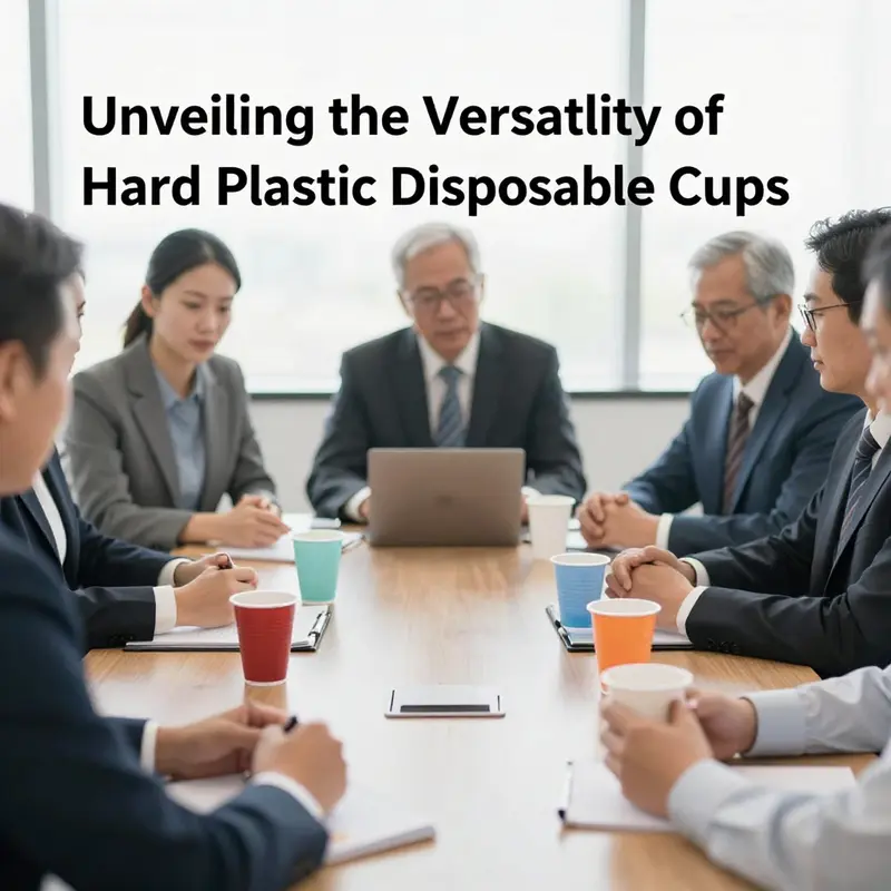 An assortment of hard plastic disposable cups showcasing their diverse sizes and durability in a contemporary café environment.