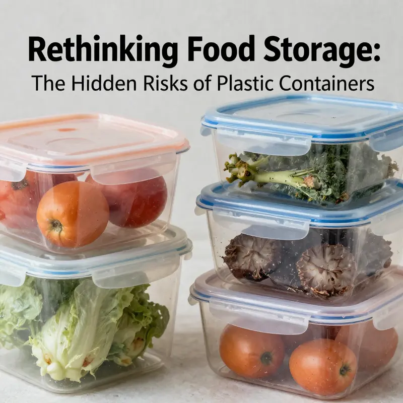 Degraded plastic containers versus fresh food items highlighting storage risks.