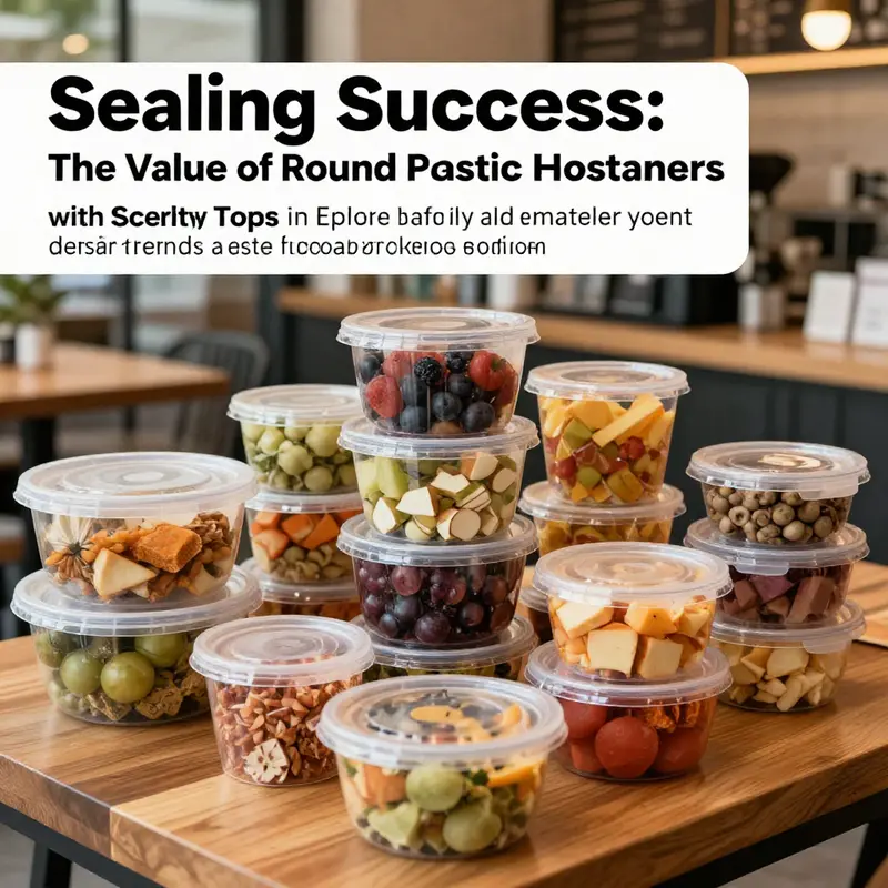 Image of round plastic food containers filled with colorful food items, set in an attractive café environment.