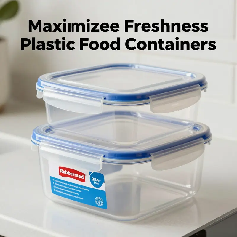 Overview of Rubbermaid plastic food storage containers in various sizes, perfect for diverse food storage needs.