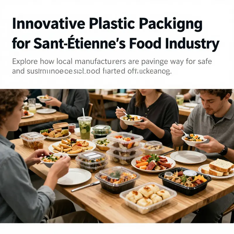 A lively dining environment in Saint-Étienne featuring various food items served in modern packaging.