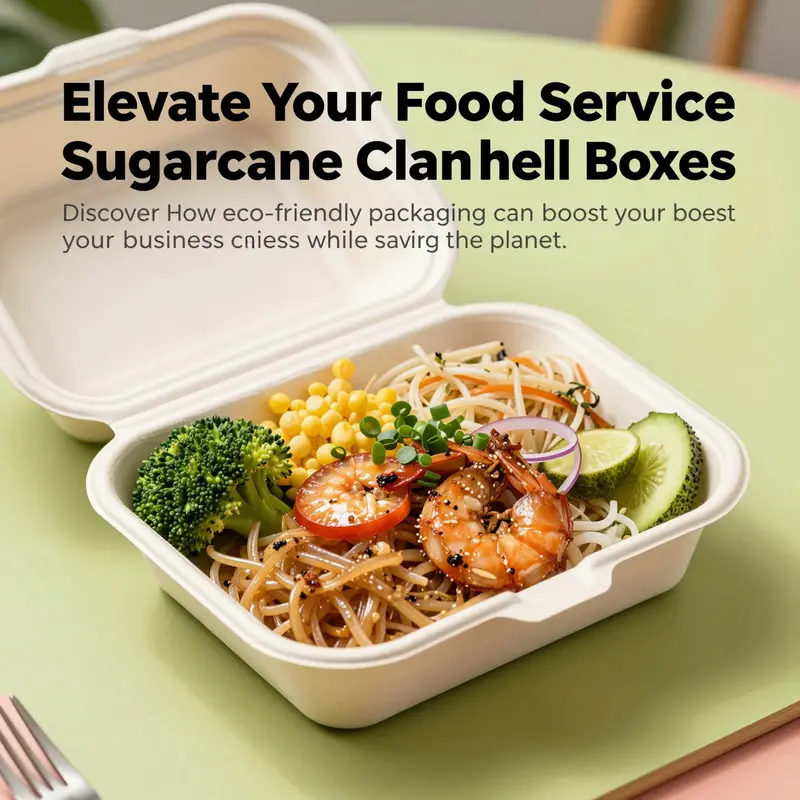 A sugarcane clamshell box filled with a vibrant meal on a colorful table, highlighting the aesthetic and functional qualities of eco-friendly packaging.