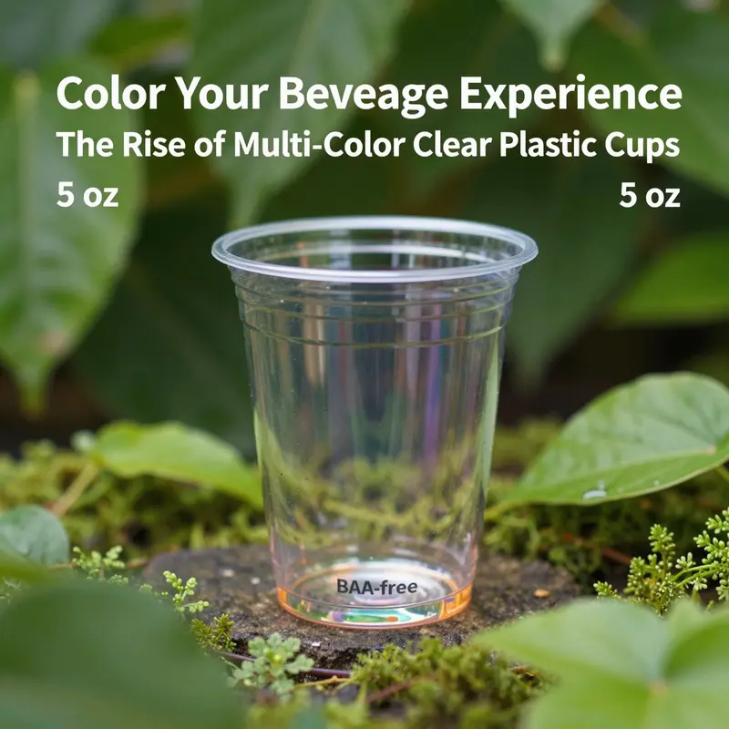 A variety of multi-color 5 oz clear plastic cups showcasing versatility in beverages and settings.