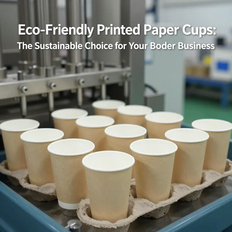 Eco-friendly printed paper cups surrounded by greenery, illustrating their role in sustainability.