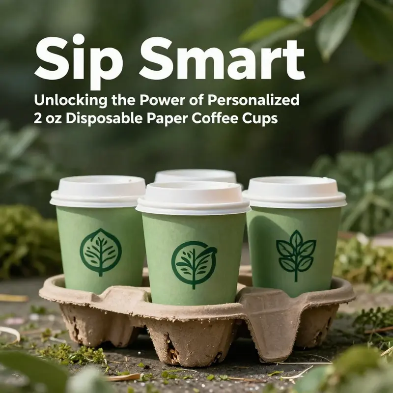 Various designs of personalized 2 oz disposable paper cups highlight branding creativity for cafes and beverage businesses.