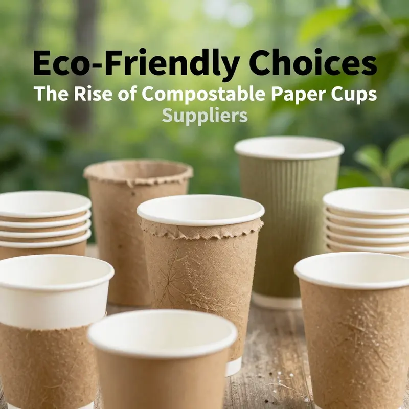 A bustling market exhibition showcasing diverse compostable paper cup designs and suppliers engaging with potential buyers.